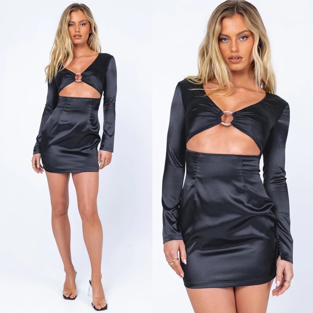 Princess Polly Henry Black Satin Rhinestone Ring Cutout Long Sleeve Mini Dress